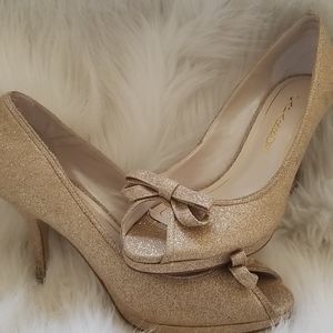 Gold glitter open toe heels